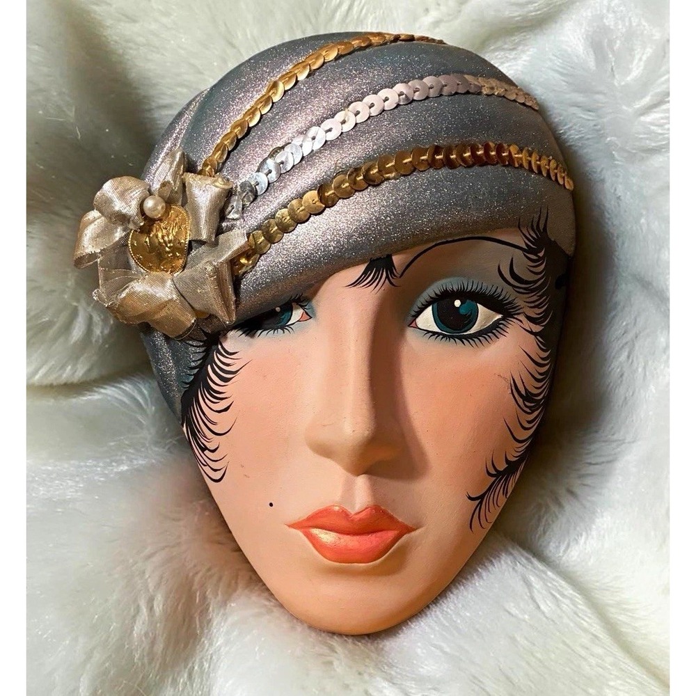 Art Deco Hand Painted Ceramic Face Wall Mask Wall Hanging Silver Sequin Hat